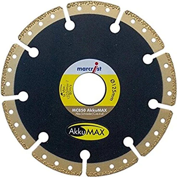 MARCRIST Diamant-Trennscheibe MC850 AkkuMax Alles Schneider, Diamantscheibe 125mm, für Metall, Stein, Beton usw... Für Akku- oder Standard- Winkelschleifer