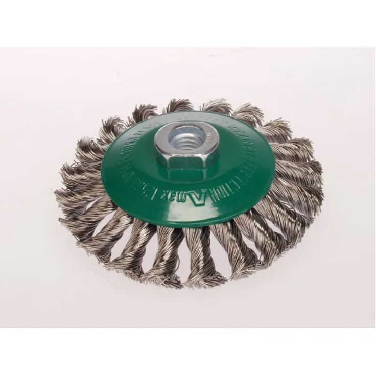Zopf-Kegelbürste zur Schweißnahtbearbeitung, zum Entfernen von Zunder, Rost, Lack, Schlacken | Bürste mit M14 Gewinde und 100 x 12 mm Durchmesser | Borsten aus Stahldraht rostfrei, glatt, 0,50 mm