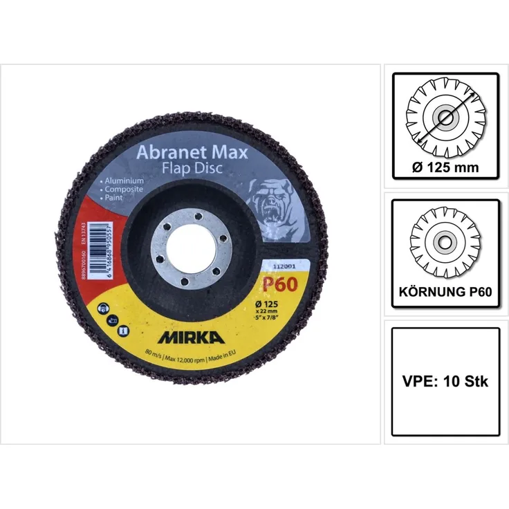 Mirka Abranet Max Flap disc T29 125 mm 22 mm ALOX 60 ( 10x 8896700160 ) Fächerscheibe für Aluminium, Verbundstoffe, Lack