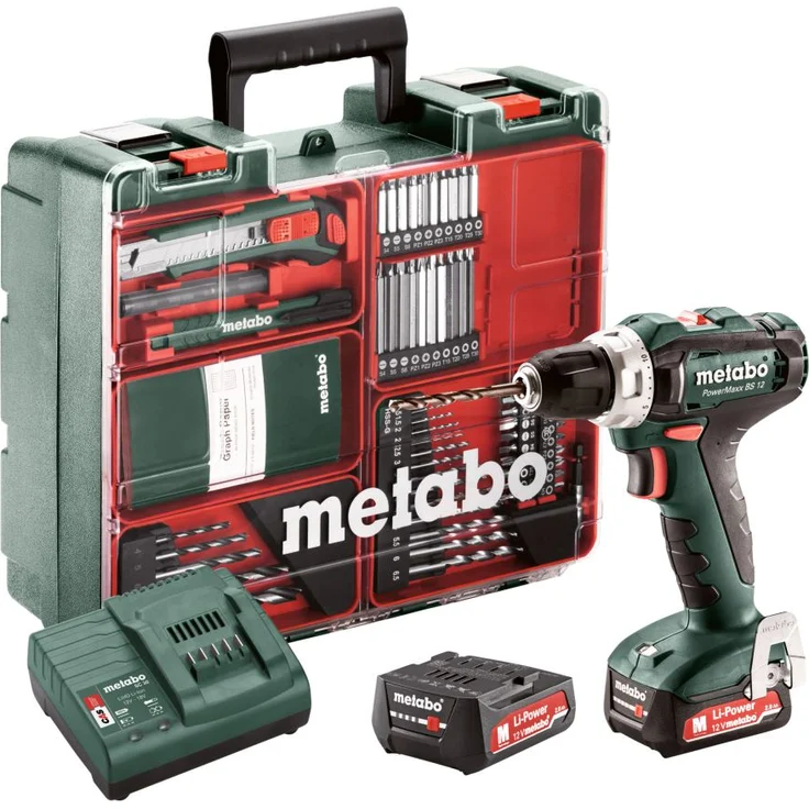 Metabo PowerMaxx BS 12 Set - Akku-Bohrschrauber 601036870, 12 V, 1400 U-min, mit 2x 2 Ah Akkus, Ladegerät, Transportkoffer und Zubehör-Set – Bild 1