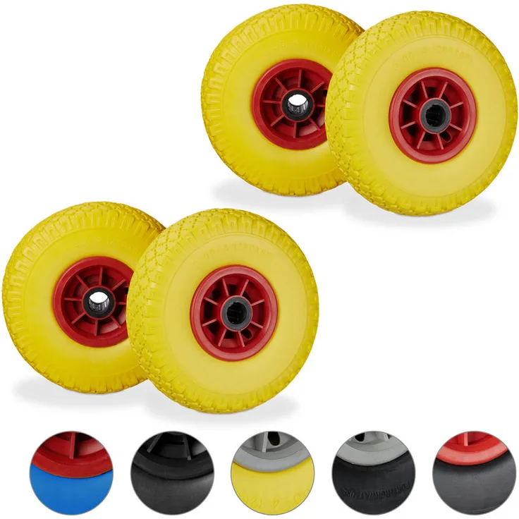 Relaxdays - 4 x Sackkarrenrad im Set, pannensichere 3.00-4' PU Vollgummireifen, 25mm Achse, bis 80 kg, 260x85 mm, gelb-rot