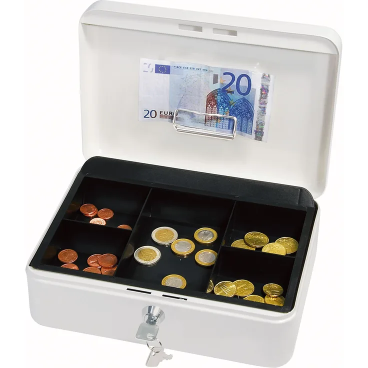 Wedo 145300H Geldkassette (aus pulverbeschichtetem Stahl, versenkbarer Griff, Geldnoten- und Belegeklammer, 5-Fächer-Münzeinsatz, Sicherheits-Zylinderschloss, 25 x 18 x 9 cm) weiß