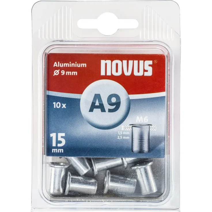 Novus Blindnietmutter Ø9 mm Aluminium, M6 Gewinde, 15 mm Länge, 10x Nietmutter, für Kunststoff und Leichtbaumaterial