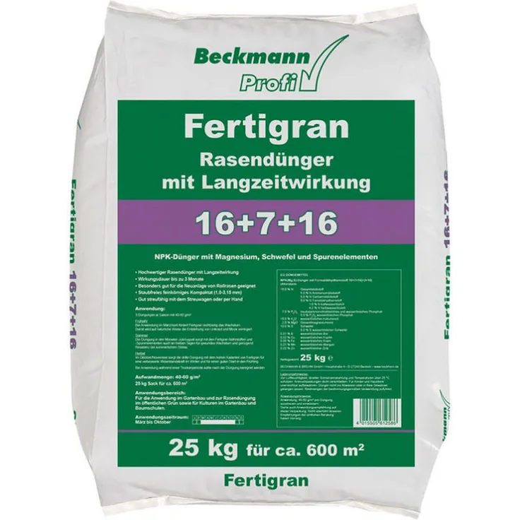 Beckmann 25kg Rasendünger Fertigran 16+7+16 mit Langzeitwirkung für ca.600m²