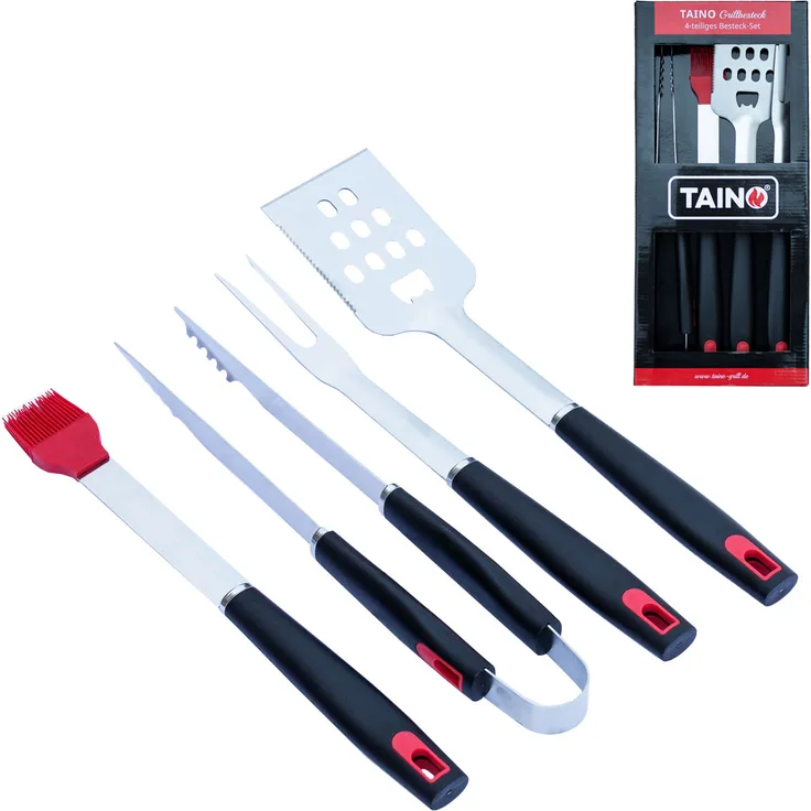 TAINO Grillbesteck Set 4 tlg Zubehör Grillzubehör Edelstahl Silikon BBQ Griller