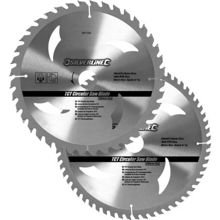 Silverline 991704 Hartmetall-Kreissägeblätter mit 40 und 60 Zähnen, 2er-Pckg 250 x 30, Reduzierstücke: 25, 20 u. 16 mm
