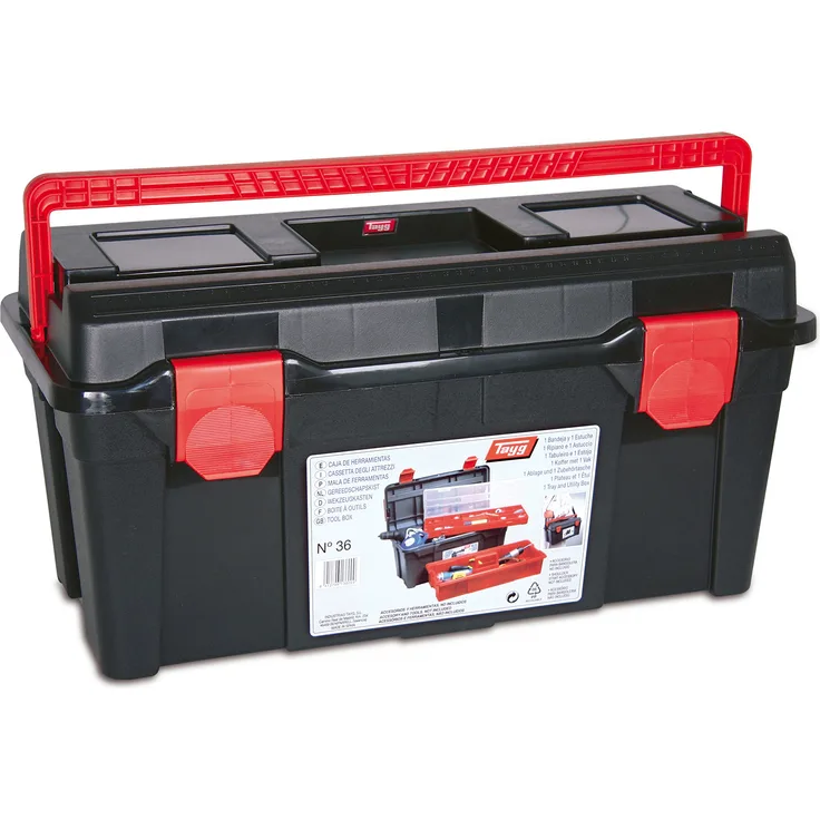 Tayg 136009 Werkzeugkasten aus Kunststoff Nr.36 Werkzeugkoffer No 36-580 x 285 x 290 mm-schwarz-rot - 8412796136979