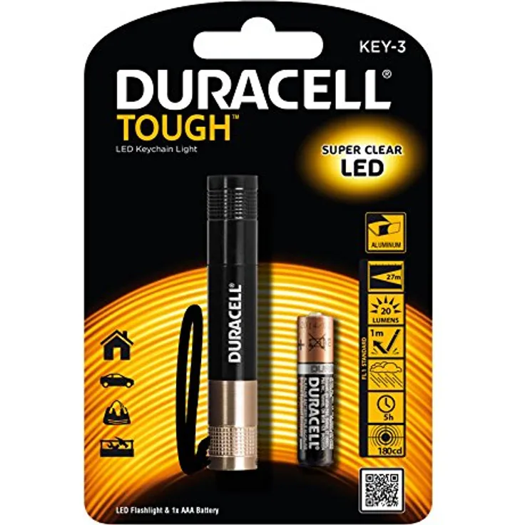 Duracell LED Taschenlampe mit Super Clear im Aluminium Gehäuse Schlüsselband KEY-3