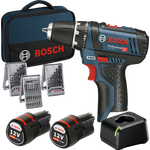 Bosch Professional 12V System Akkuschrauber GSR 12V-15 (2x 2,0 Akku, 39tlg.-Zubehör-Set, in Tasche)