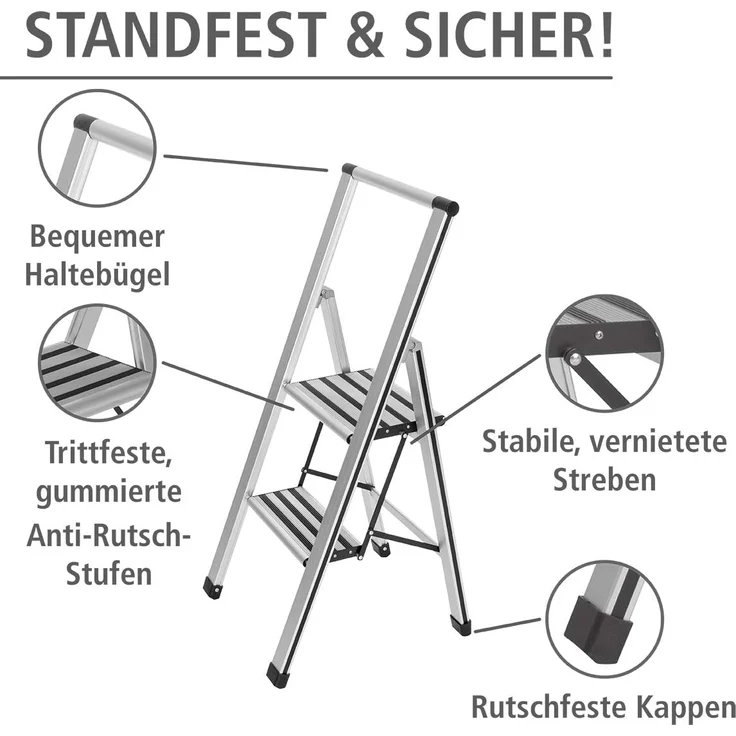 WENKO Leichte Aluminium Trittleiter mit 2 Stufen für 50 cm höheren Stand, rutschsichere XXL-Stufen, Design Klapptrittleiter mit 44 x 101 x 5,5 cm, Süd zertifiziert, matt silber – Bild 4