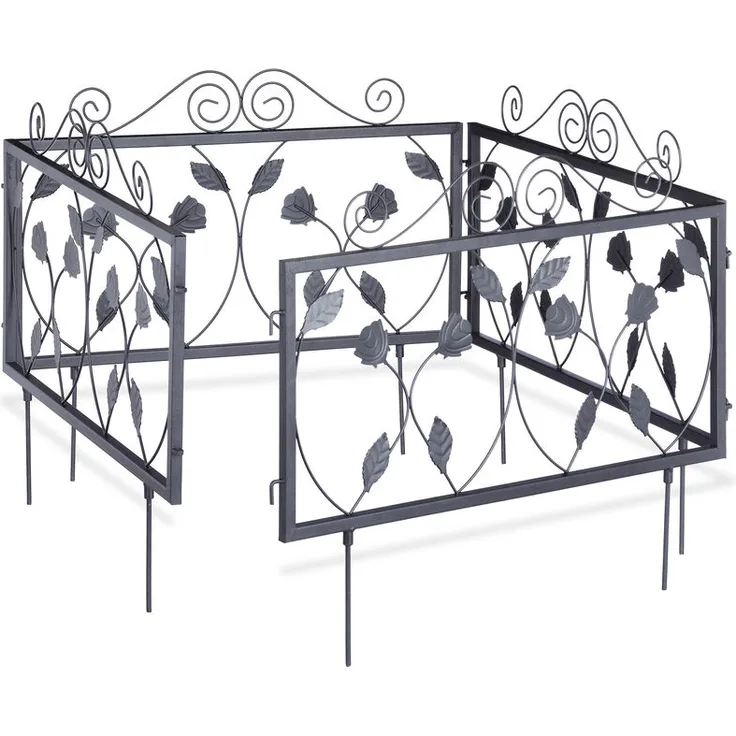 Relaxdays - Beetzaun Metall, Beeteinfassung zum Stecken, 4 Vintage Zaunelemente mit Blättern, HxB 34,5 x 56,5 cm, schwarz