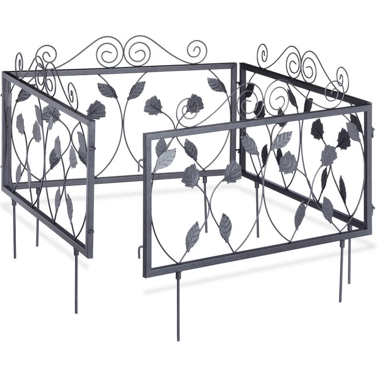 Relaxdays - Beetzaun Metall, Beeteinfassung zum Stecken, 4 Vintage Zaunelemente mit Blättern, HxB 34,5 x 56,5 cm, schwarz