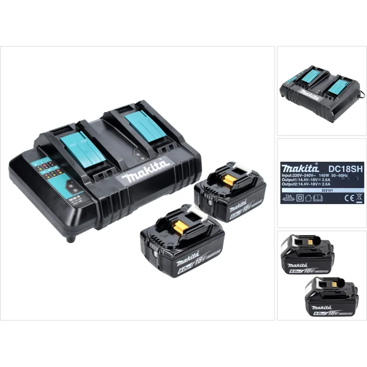Makita BL1860B Akku-Set Li-Ion 18V LXT 6 Ah mit Ladestandsanzeige 2 Akku mit Doppellladegerät DC18SH – Bild 1