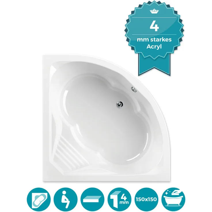 Calmwaters Eckbadewanne 150x150 cm mit Sitz, Acrylwanne Curved Wellness, Duo-Badewanne für zwei Personen, Sitzbadewanne, Maße 150 x 150 cm,
