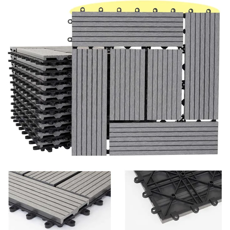 WPC Bodenfliese Rhone, Holzoptik Balkon-Terrasse, 11x je 30x30cm 1qm Basis, grau versetzt