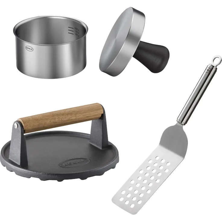 RÖSLE Barbecue Burger-Set 3-tlg, Hochwertiges Burger-Set mit Burgerpresse Pro, Barbecue-Gewicht und Burgerwender, Edelstahl 18/10, Gusseisen emailliert