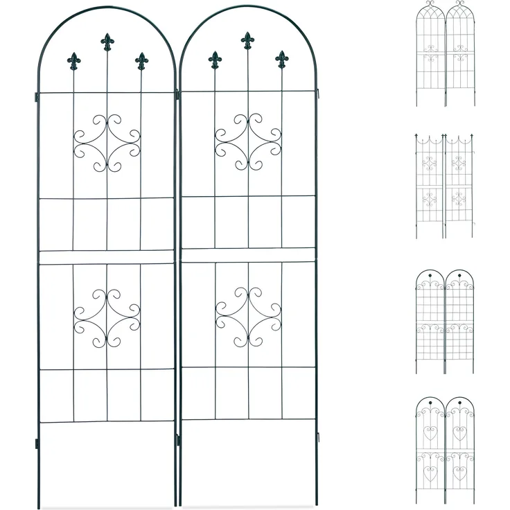 Relaxdays Rankgitter 2er Set, Metall, 180 x 50 cm, Vintage Rankhilfe Garten, Rundbogen & Spitze, zum Stecken, dunkelgrün