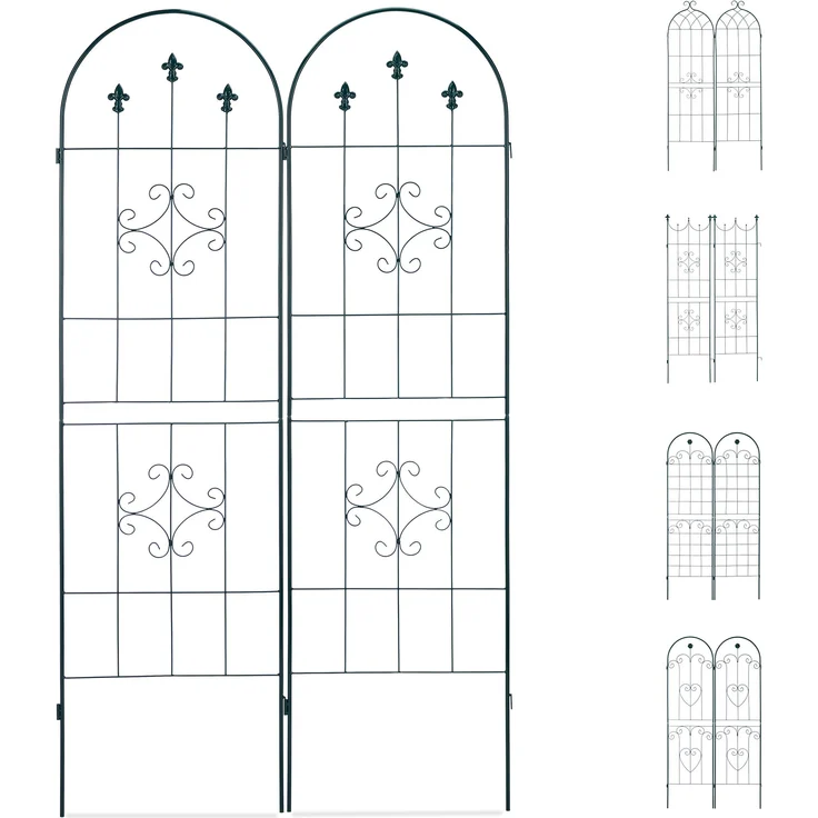 Relaxdays Rankgitter 2er Set, Metall, 180 x 50 cm, Vintage Rankhilfe Garten, Rundbogen & Spitze, zum Stecken, dunkelgrün – Bild 1