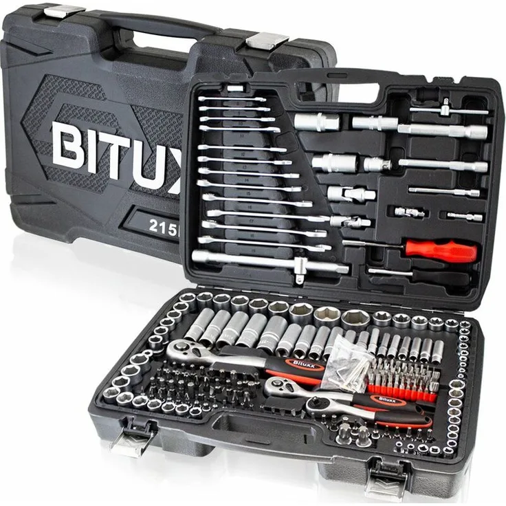 BITUXX Werkzeugkoffer 215 tlg Knarrenkasten Ratschenkasten Nusskasten Stecknuss Umfangreiches Set mit 1,2 1,4 3,8 Ratschen und Zubehör