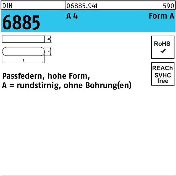 Reyher Passfeder DIN 6885 Form A rundstirnig/o.Bohrung A 10 x 8 x 80 A 4