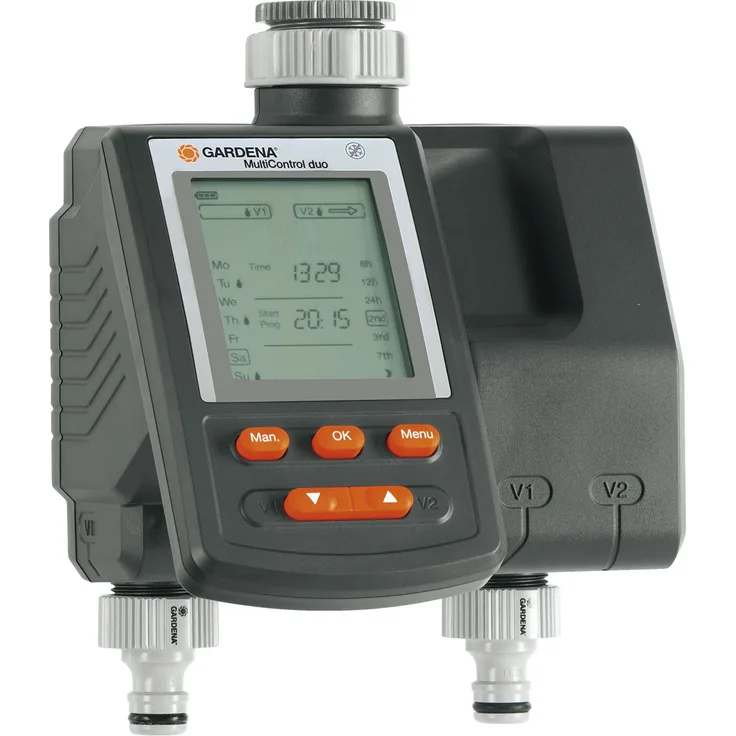 GARDENA Bewässerungscomputer MultiControl duo: Automatische Bewässerungssteuerung, Wochentage programmierbar, bis zu 3 Bewässerungen pro Tag, mit LC-Display (1874-20)