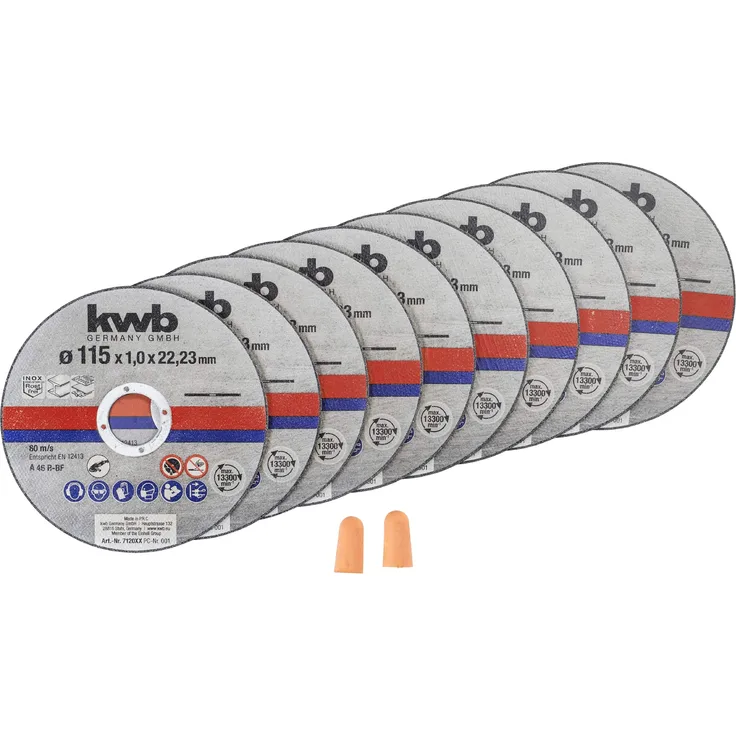 kwb 712021 Dünn-Trennscheiben für Winkelschleifer 115 mm Flex-Scheibe f. Edel-Stahl INOX in Aufbewahrungs-Dose inkl. Ohrstöpsel ABM. 115 x 1,0 x 22,23
