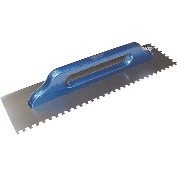 Schweizer Glättekelle 10 x 10 gezahnt, aus rostfreiem Edelstahl, Aufziehplatte, Traufel, Aufziehglätter, mit Zahnung, mit Holzgriff