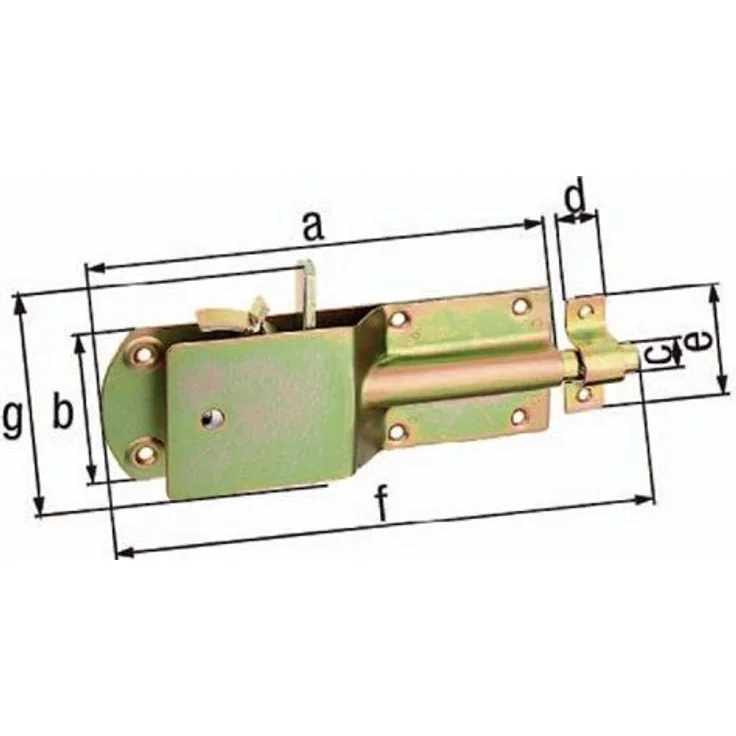 GAH-Alberts 124182 Sicherheits-Stallriegel | mit breitem flachen Griff | galvanisch gelb verzinkt | Platte 200 x 70 mm | Bolzen-Ø 15 mm | Schlaufenbreite 20 mm