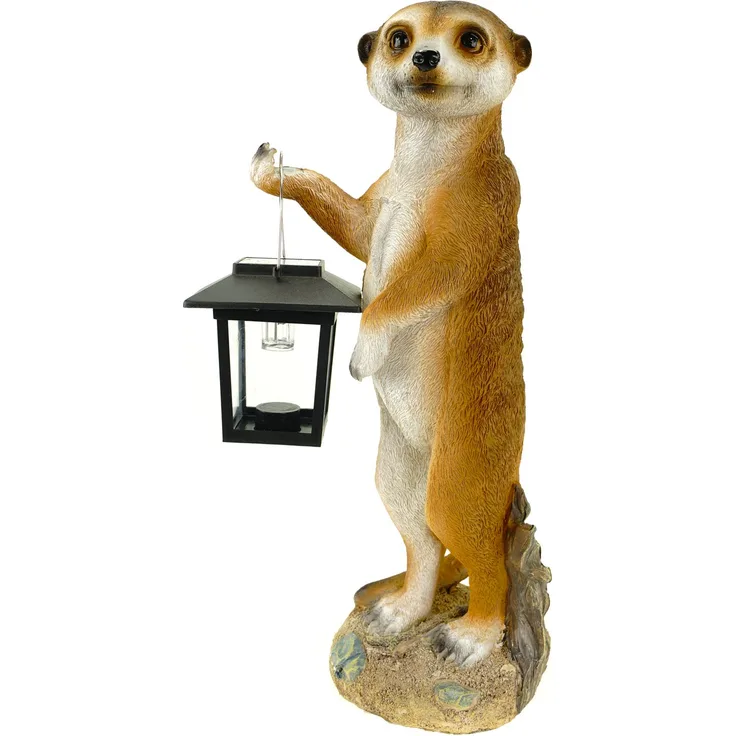 Kremers Schatzkiste - Erdmännchen Eddy stehend mit Solarlaterne Figur Gartenfigur 38 cm Meercat Tierfigur