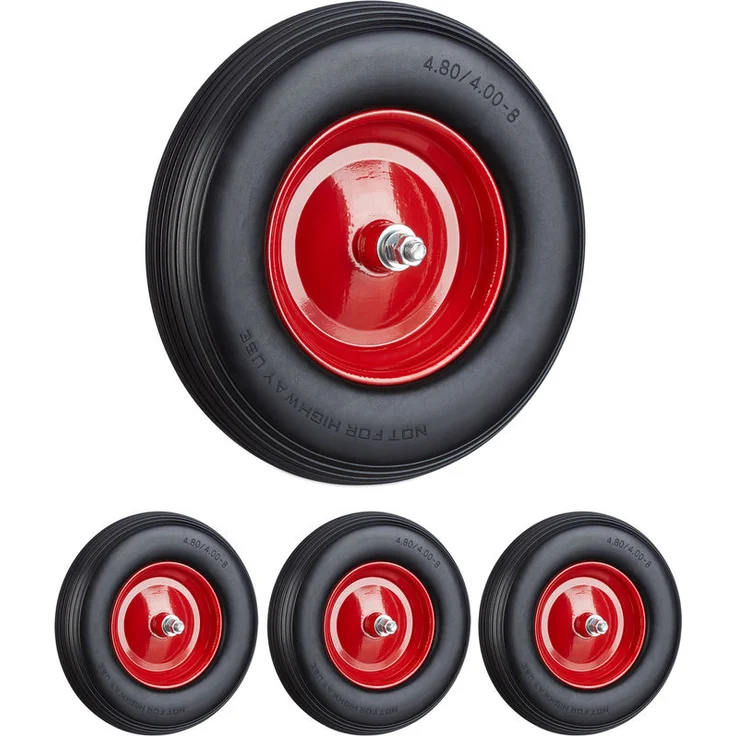 4 x Schubkarrenrad Vollgummi mit Achse, 4.80 4.00-8 Gummirad, pannensicher, 100kg Tragkraft Ersatzrad, schwarz-rot
