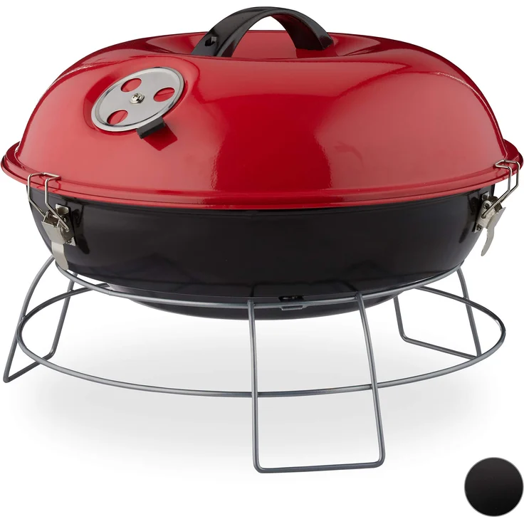 Relaxdays Kugelgrill, tragbar, mit Deckel, leckeres BBQ, Picknickgrill mit großer Holzkohlegrillfläche, Holzkohle, Ø36cm, rot – Bild 1