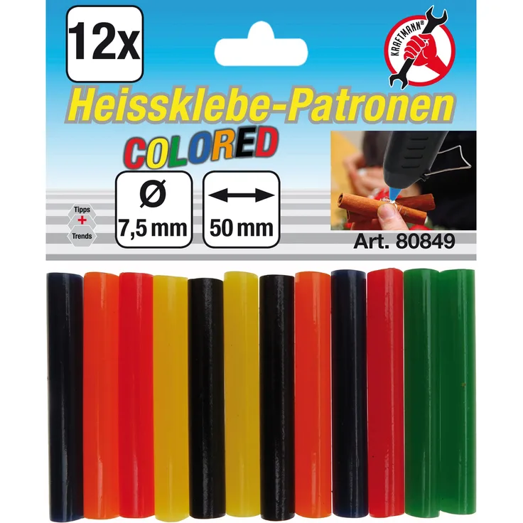 Kraftmann 80849 | Heißklebe-Patronen | 12-tlg. | bunt | Ø 7,5 mm, 50 mm | Klebesticks | Klebestifte | Heißkleber für Heißklebepistolen
