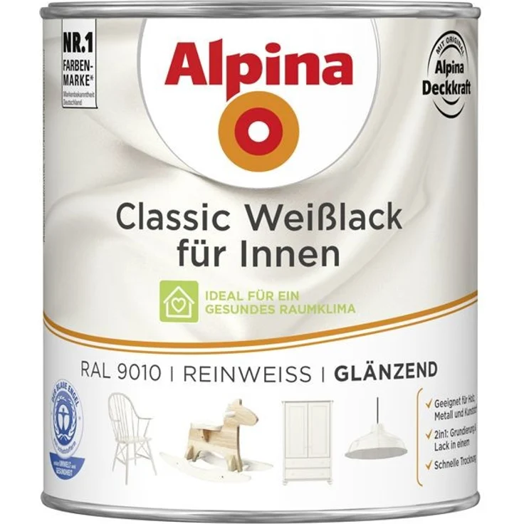 Alpina Weißlack Classic für Innen 750 ml, reinweiß, glänzend – Bild 1