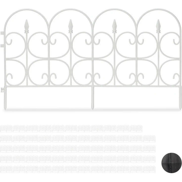 Relaxdays - 60 tlg. Beetzaun Set aus wetterfestem Kunststoff, 30cm hoch, schöner Dekozaun, mit Erdspießen, 40m Zierzaun, weiß