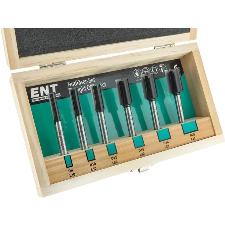 ENT 6-tlg. HW Nutfräser Set mit HW-Grundschneide - Ø 8 - 10 - 12 - 16 - 18 - 20 mm - Schaft Ø 8 mm - Länge: 90 mm