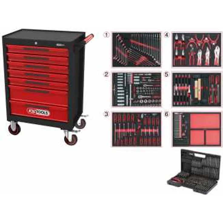 KS Tools ECOline SCHWARZ-ROT Werkstattwagen mit 7 Schubladen und 598 Premium-Werkzeugen