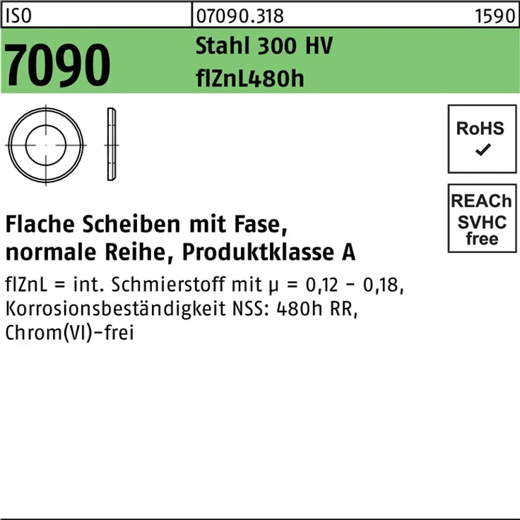 DIVERSE Unterlegscheibe ISO 7090 m.Fase 12 Stahl 300 HV zinklamellenbesch.