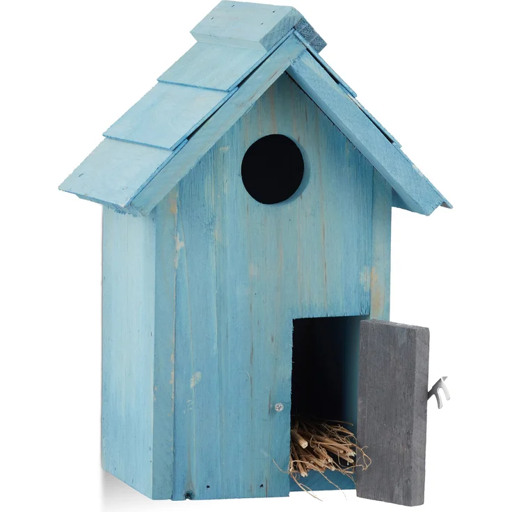 Relaxdays Nistkasten, Vogelhäuschen, Holz, Tür, aufhängen, kleines Flugloch, Singvögel, HBT: 24,3 17 12 cm, hellblau