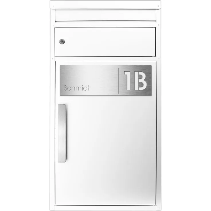 Safepost Paketbriefkasten SafePost 65MS mit Name und Hausnummer graviert V4A-Edelstahl/weiß RAL 9010 Design-Paketkasten modern