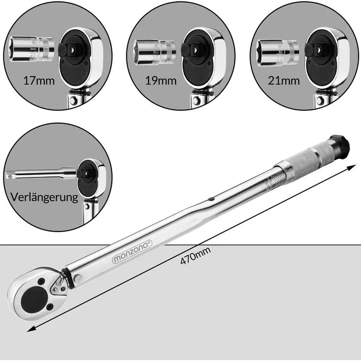 Monzana Drehmomentschlüssel 6tlg. Set 28-210Nm 1/2 CV inkl. 3 Stecknüsse  Verlängerung inkl. Koffer  4% Toleranz – Bild 4