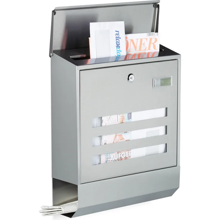 Relaxdays Briefkasten Edelstahl mit Zeitungsfach, Namensschild, HxBxT: 42 x 35 x 12,5 cm, Postkasten, Design, silber