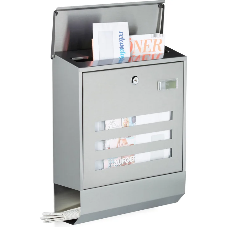 Relaxdays Briefkasten Edelstahl mit Zeitungsfach, Namensschild, HxBxT: 42 x 35 x 12,5 cm, Postkasten, Design, silber – Bild 1