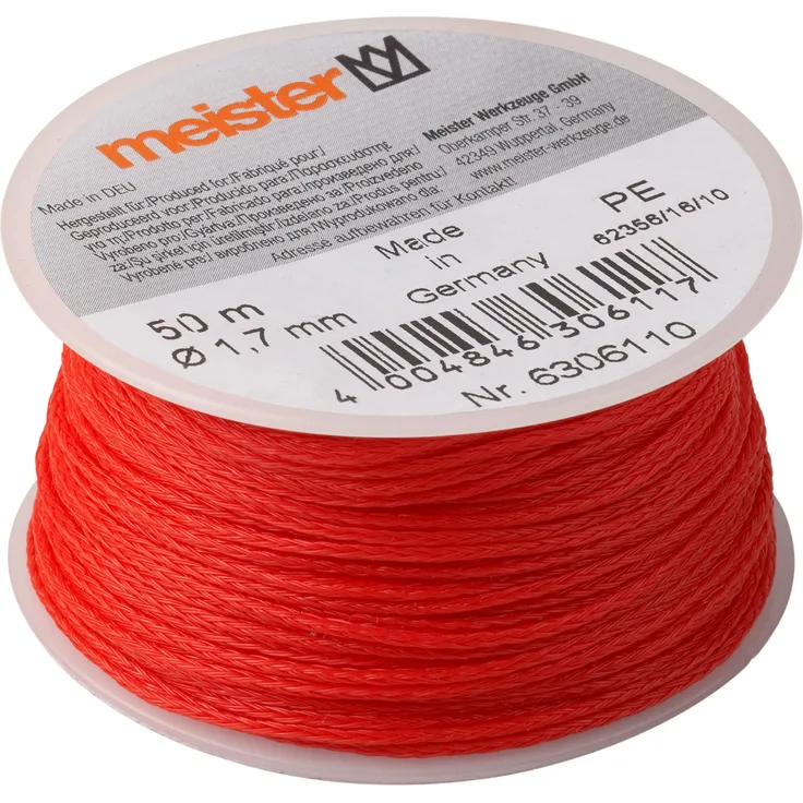 Meister Maurerschnur rot - 50 m Länge - Ø 1,7 mm - Polyethylen geflochten - Knotenfest - Reißfest & Belastbar - Auf Spule - Richtschnur - Bauschnur - Lotschnur - Pflasterschnur - 6306110