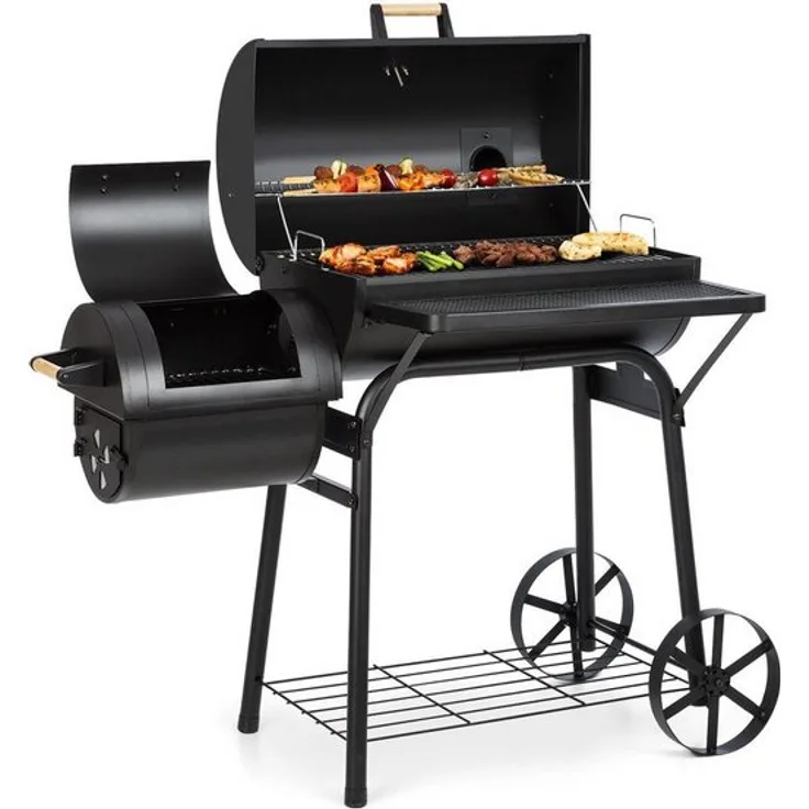 Beef Brisket Smoker Grill | Holzkohlegrill/Smoker | rostfreie Grillroste aus Edelstahl | Thermometer im Deckel | 2 große Räder Schwarz