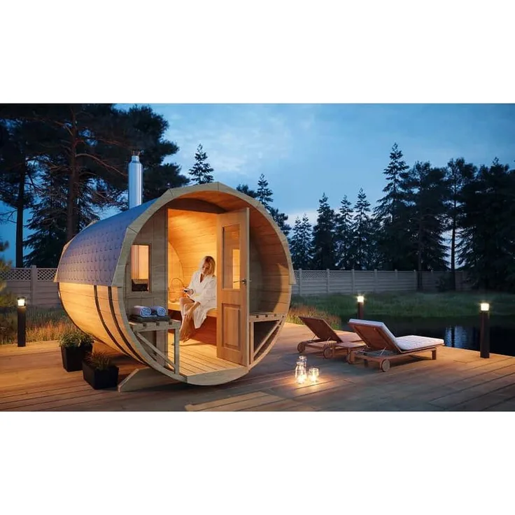 FinnTherm Fass-Sauna Sam, ohne Ofen & Zubehör, Saunaofen:ohne Ofen|Ausführung:Natur unbehandelt|Bauweise:Bausatz