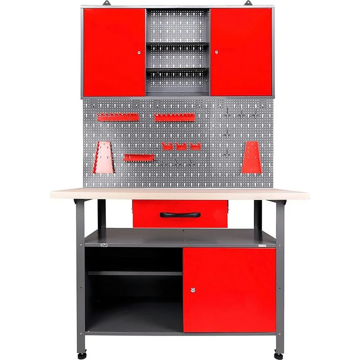 ONDIS24 Werkstatt-Set »3-tlg«, Werkbank, Werkzeugschrank, und Lochwand mit Metall Haken