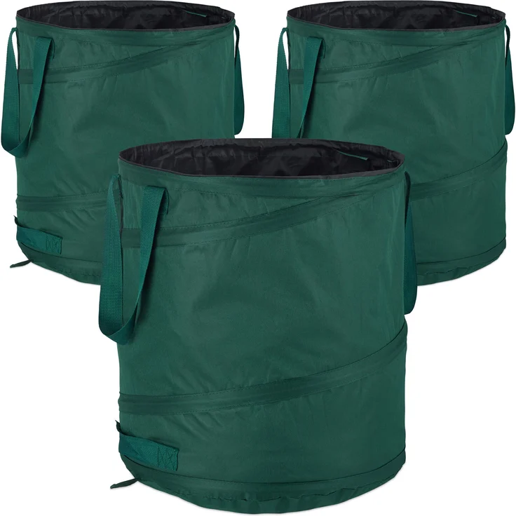 Relaxdays Laubsack selbstaufstellend, 3er-Set, Gartenabfallsack Pop-Up, 85L, Gartensack selbststehend, 46 cm, grün – Bild 1