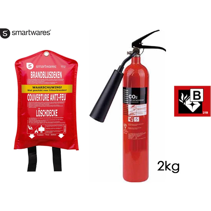 smartwares Set: CO2-Feuerlöscher 2 Kilogramm, Brandklasse B und Löschdecke Brandschutz