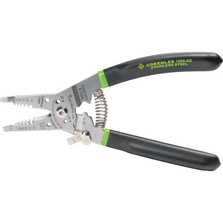 Greenlee 1955-SS Abisolierzange mit gebogenem Vinyl-Griff, Edelstahl, für Volldraht (10-18 AWG)