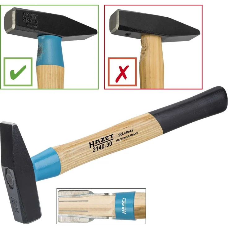 HAZET Schlosserhammer (Stahl-Stielschutzhülse Bluguard, Hickoryholz, Güteklasse A, 300 g, Länge: 300 mm) 2140-30 – Bild 2